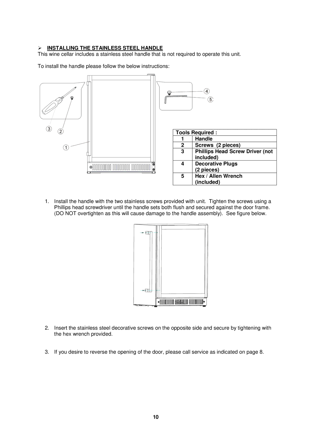 Avanti WC52SS instruction manual  Installing the Stainless Steel Handle 