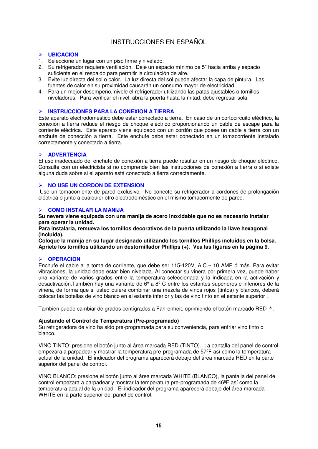 Avanti WC52SS instruction manual Instrucciones EN Español, Ajustando el Control de Temperatura Pre-programado 