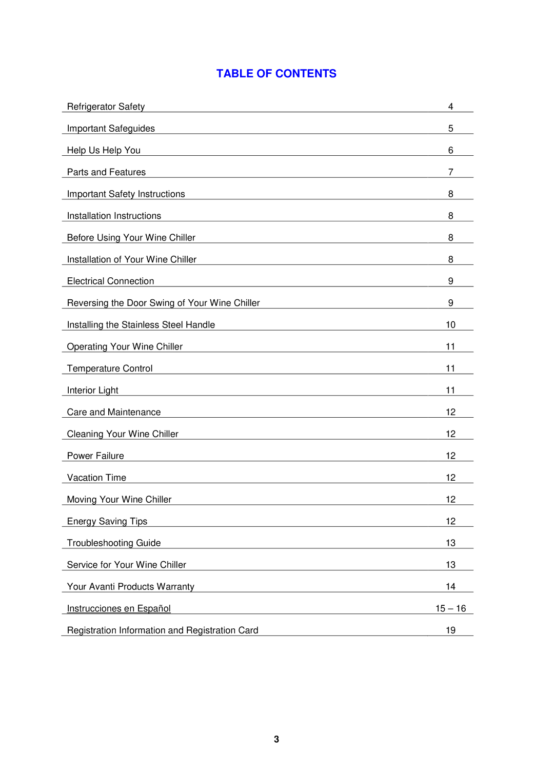 Avanti WC52SS instruction manual Table of Contents 