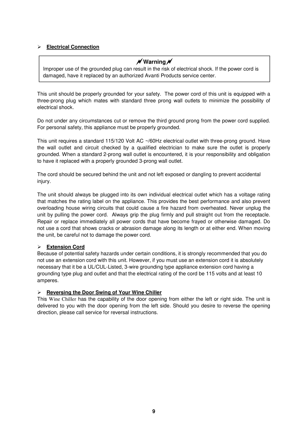 Avanti WC52SS instruction manual  Electrical Connection,  Extension Cord,  Reversing the Door Swing of Your Wine Chiller 