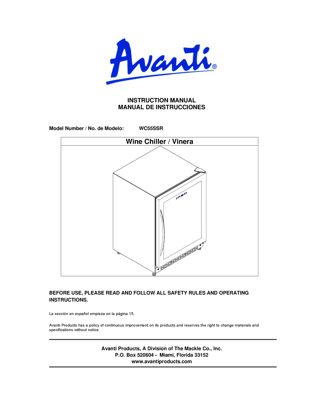 Avanti WC55SSR instruction manual Manual DE Instrucciones, Model Number / No. de Modelo 