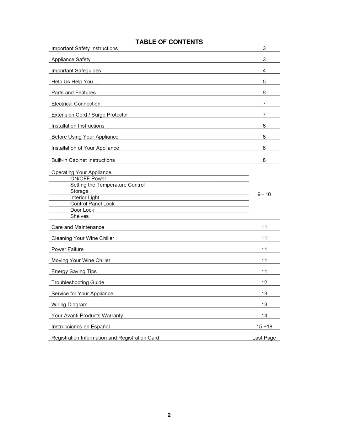 Avanti WC55SSR instruction manual Table of Contents 