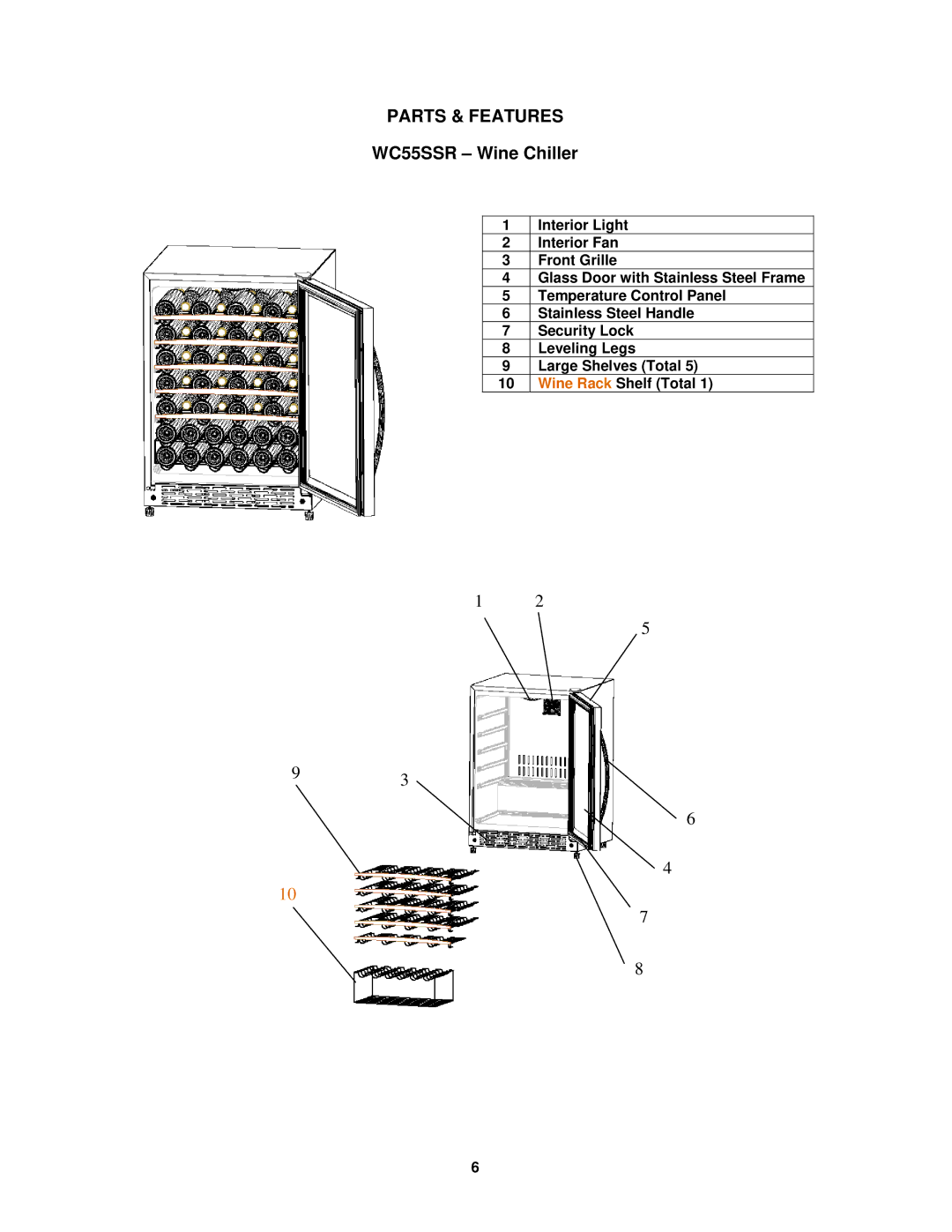 Avanti WC55SSR instruction manual Parts & Features 