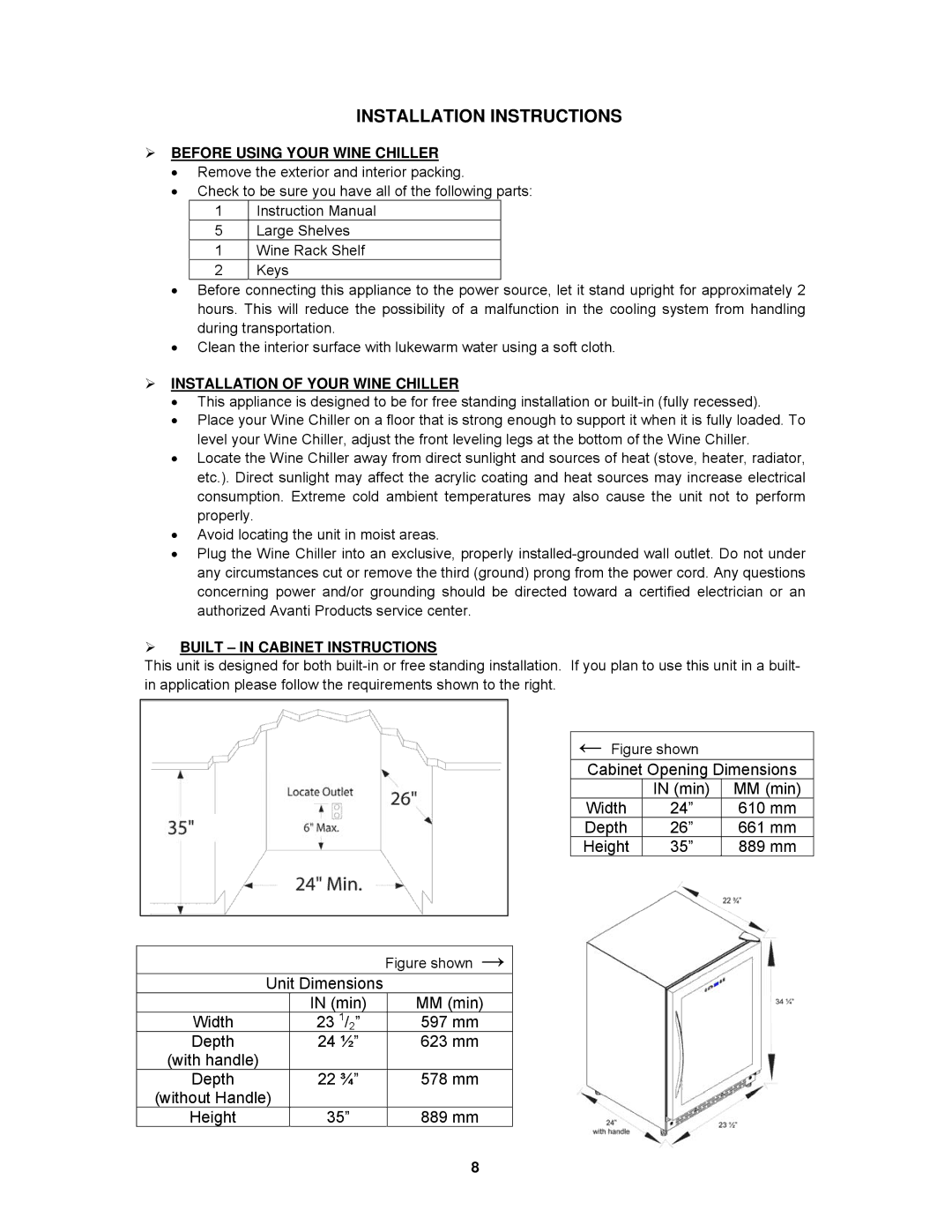 Avanti WC55SSR Installation Instructions,  Before Using Your Wine Chiller,  Installation of Your Wine Chiller 