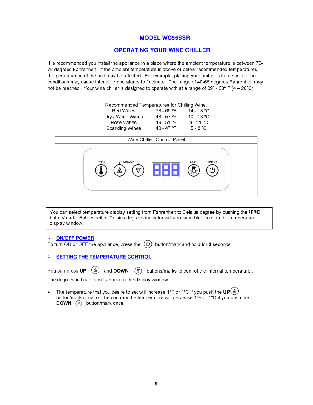 Avanti WC55SSR instruction manual  ON/OFF Power,  Setting the Temperature Control 