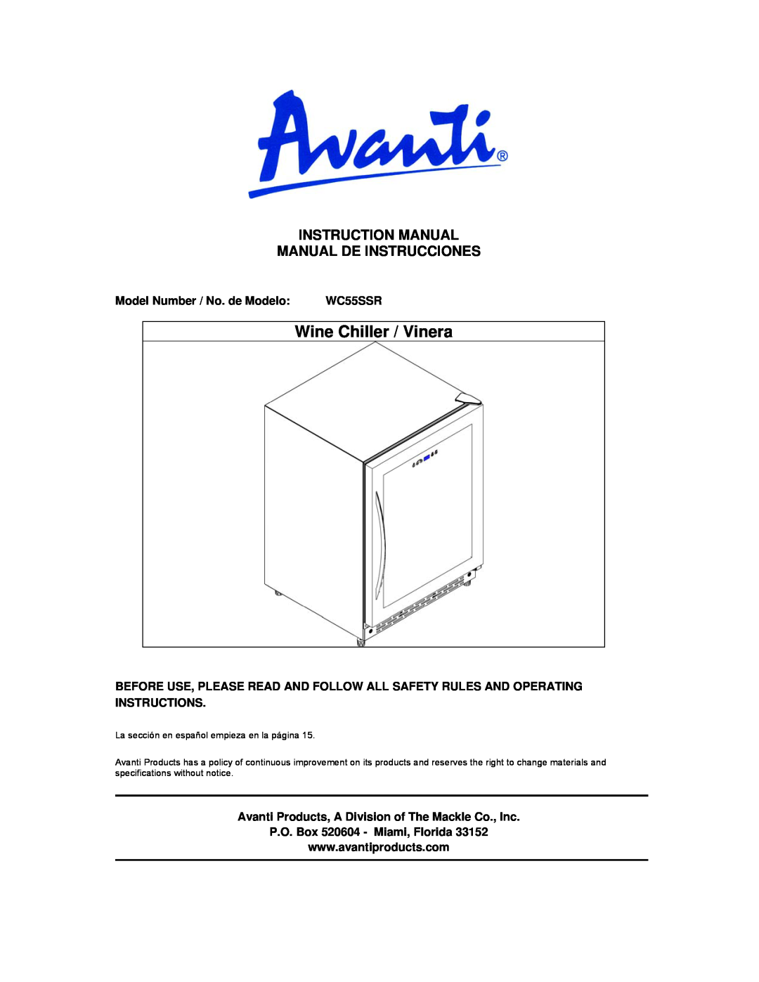 Avanti WC55SSR instruction manual Model Number / No. de Modelo, Avanti Products, A Division of The Mackle Co., Inc 