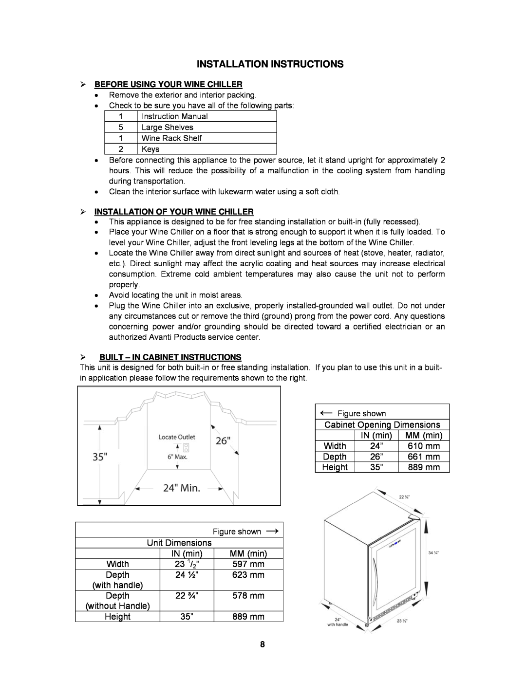 Avanti WC55SSR instruction manual Installation Instructions 