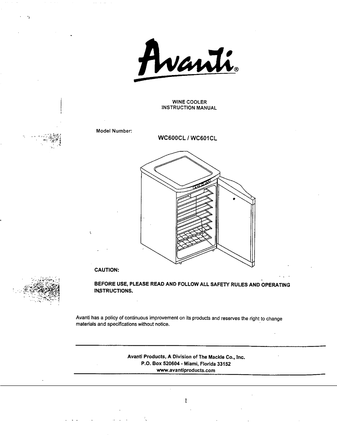 Avanti WC600CL, WC601CL manual 