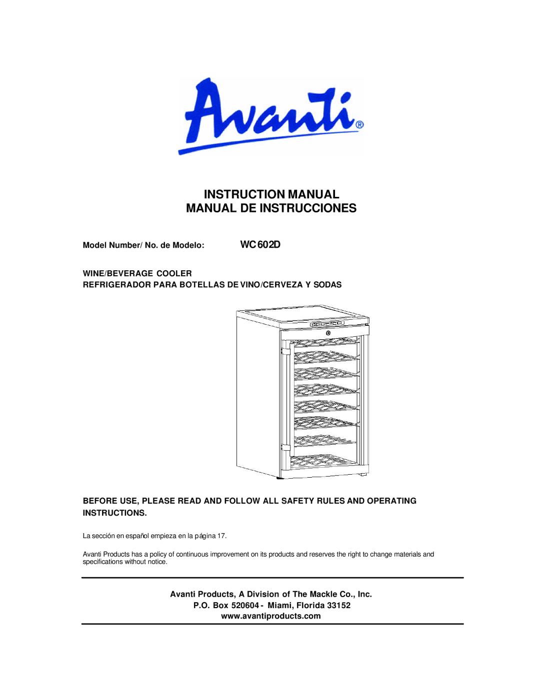 Avanti WC602D instruction manual Manual DE Instrucciones, Model Number/ No. de Modelo 