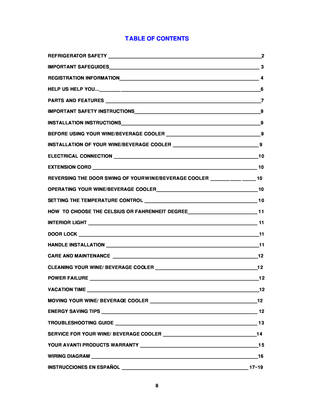 Avanti WC602D instruction manual Table Of Contents 