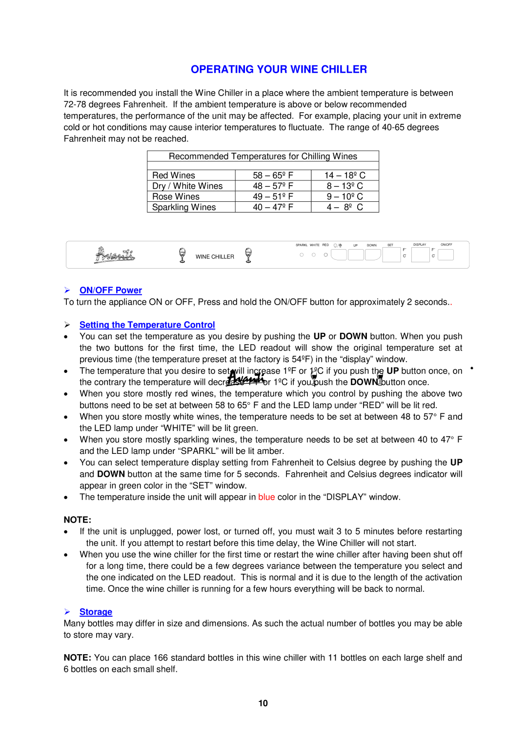 Avanti WC681BG-2 instruction manual Operating Your Wine Chiller 