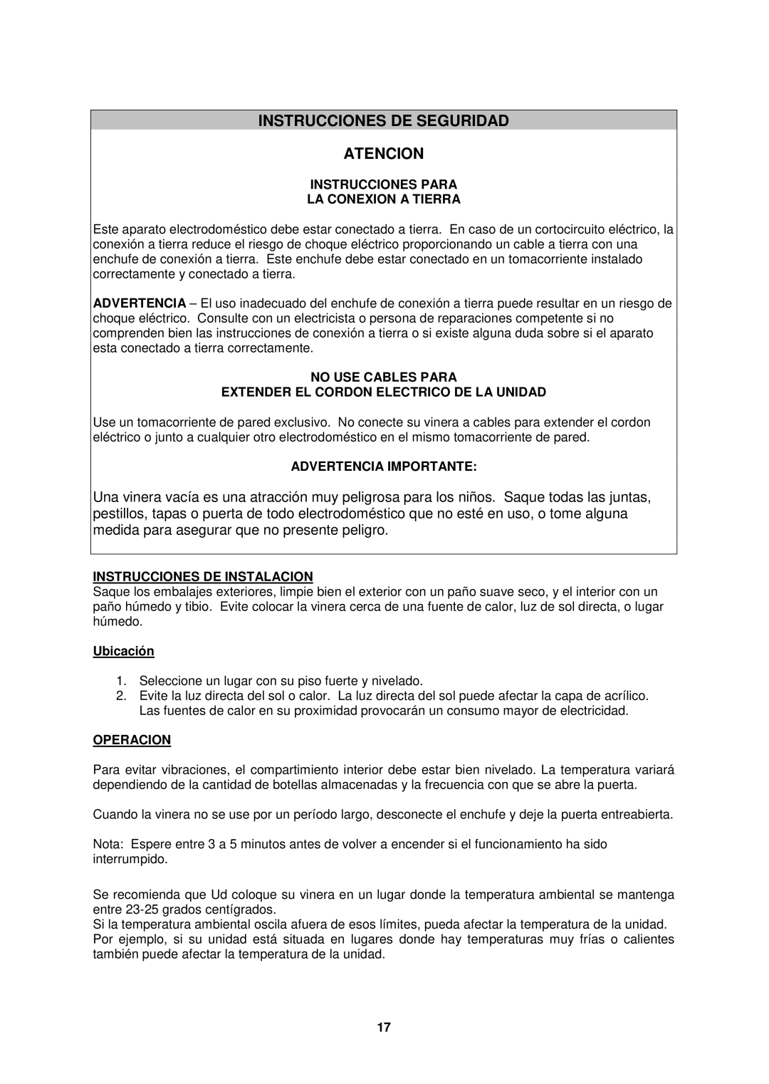 Avanti WC681BG-2 Instrucciones DE Seguridad Atencion, Instrucciones Para LA Conexion a Tierra, Advertencia Importante 