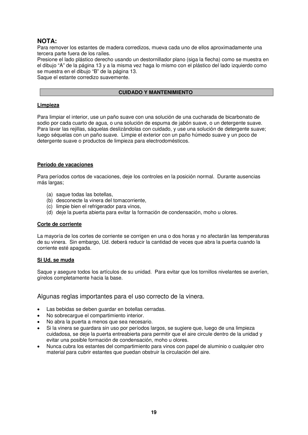 Avanti WC681BG-2 instruction manual Nota, Cuidado Y Mantenimiento 