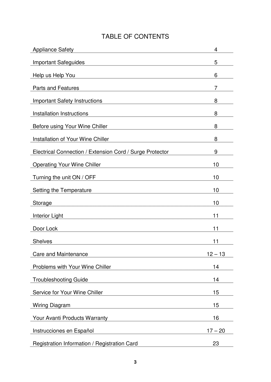 Avanti WC681BG-2 instruction manual Table of Contents 