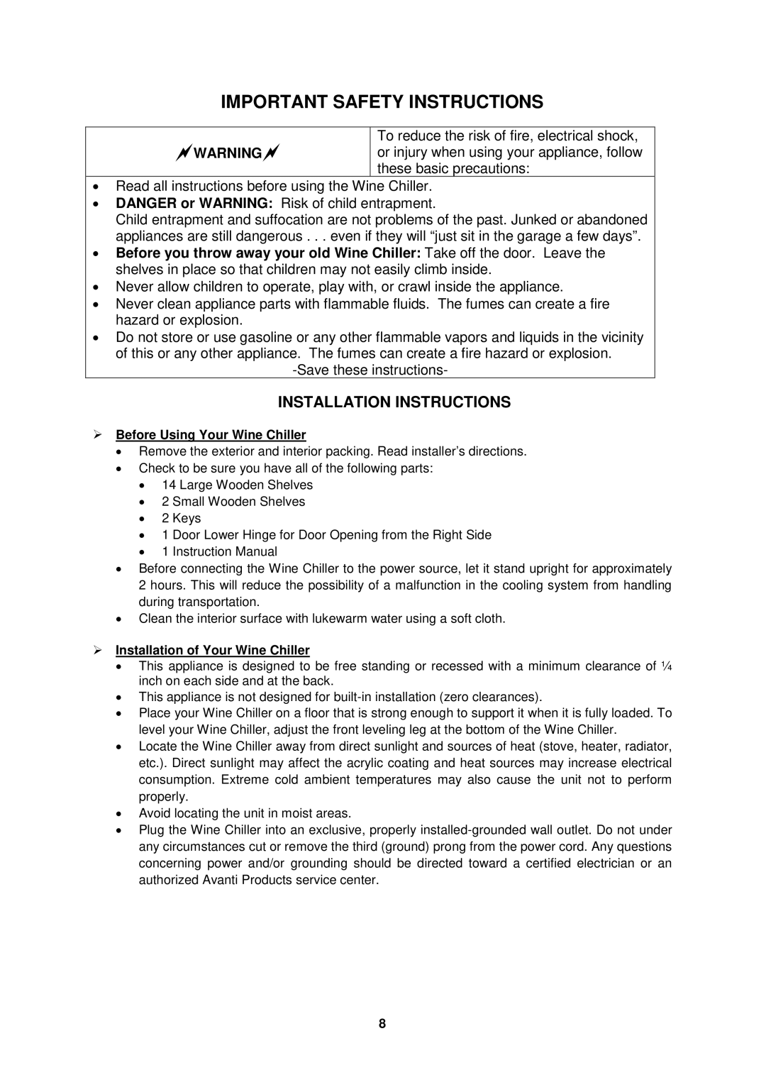 Avanti WC681BG-2 Installation Instructions,  Before Using Your Wine Chiller,  Installation of Your Wine Chiller 