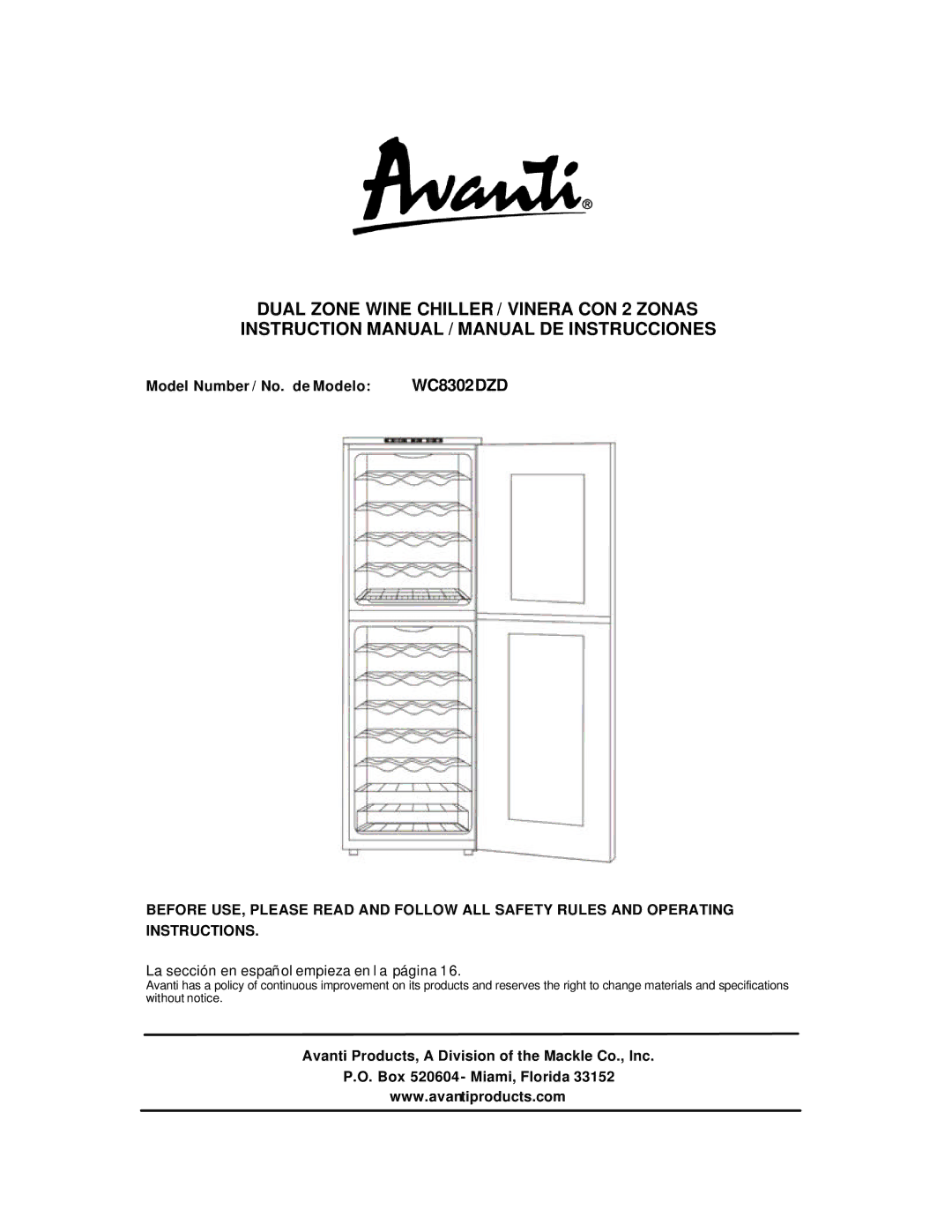 Avanti WC8302DZD instruction manual Dual Zone Wine Chiller / Vinera CON 2 Zonas 