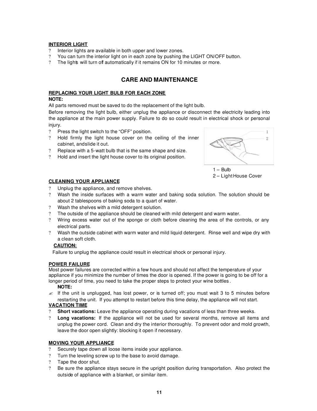 Avanti WC8302DZD instruction manual Care and Maintenance 