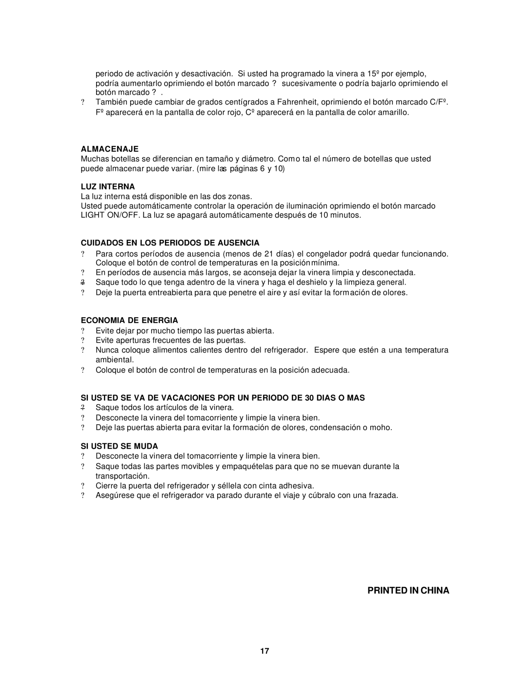 Avanti WC8302DZD Almacenaje, LUZ Interna, Cuidados EN LOS Periodos DE Ausencia, Economia DE Energia, SI Usted SE Muda 