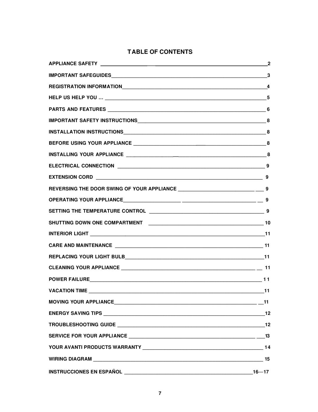 Avanti WC8302DZD instruction manual Table of Contents 