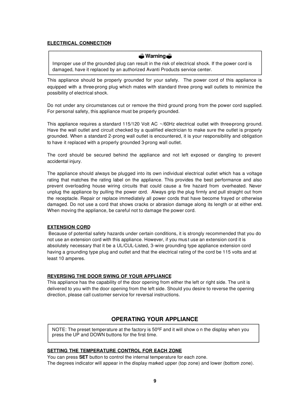 Avanti WC8302DZD instruction manual Operating Your Appliance, Electrical Connection, Extension Cord 