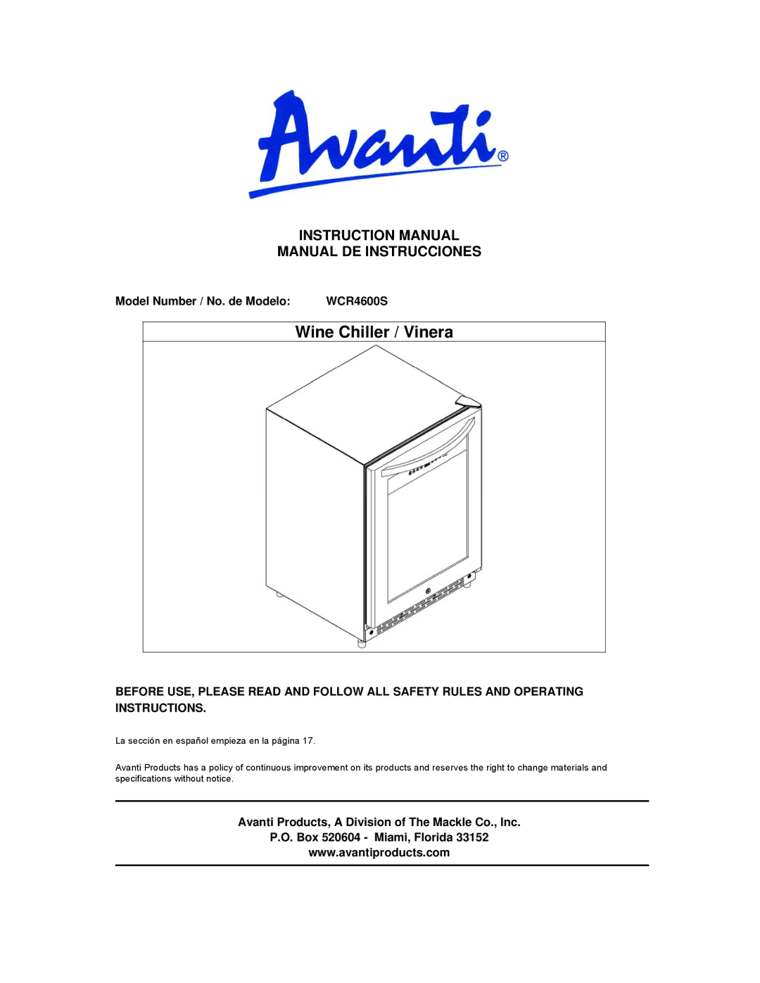 Avanti WCR4600S instruction manual Manual DE Instrucciones, Model Number / No. de Modelo 