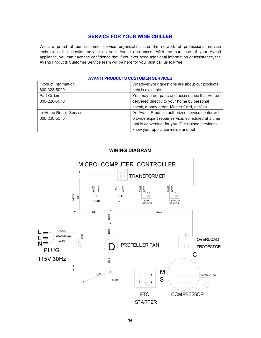 Avanti WCR4600S instruction manual Wiring Diagram, Avanti Products Customer Services 