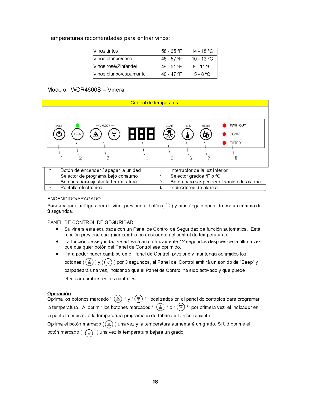 Avanti WCR4600S instruction manual Temperaturas recomendadas para enfriar vinos, Operación 