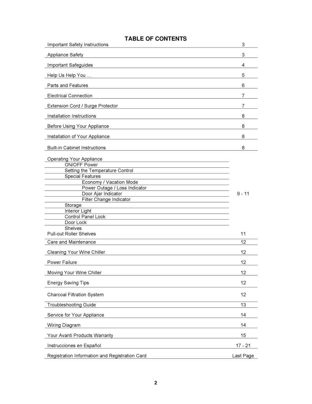 Avanti WCR4600S instruction manual Table of Contents 