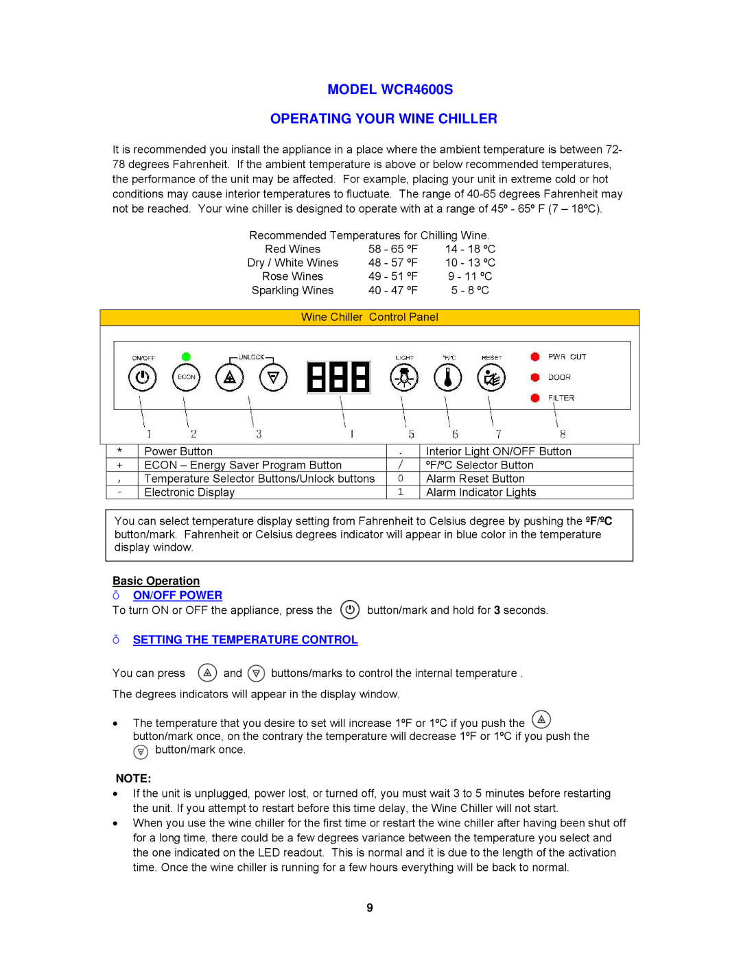 Avanti WCR4600S instruction manual Basic Operation, ¬ ON/OFF Power, ¬ Setting the Temperature Control 