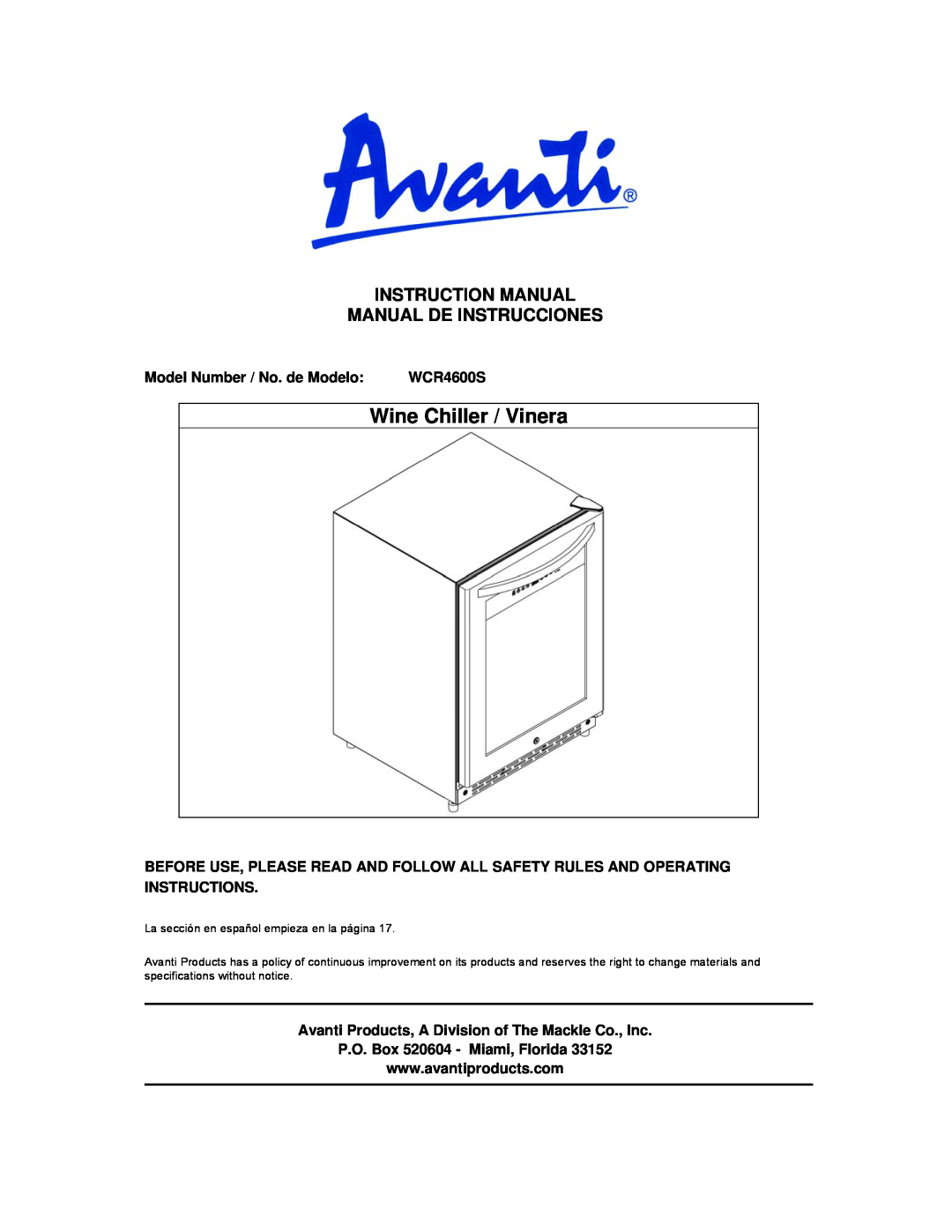 Avanti WCR4600S instruction manual Instruction Manual Manual De Instrucciones, Model Number / No. de Modelo 