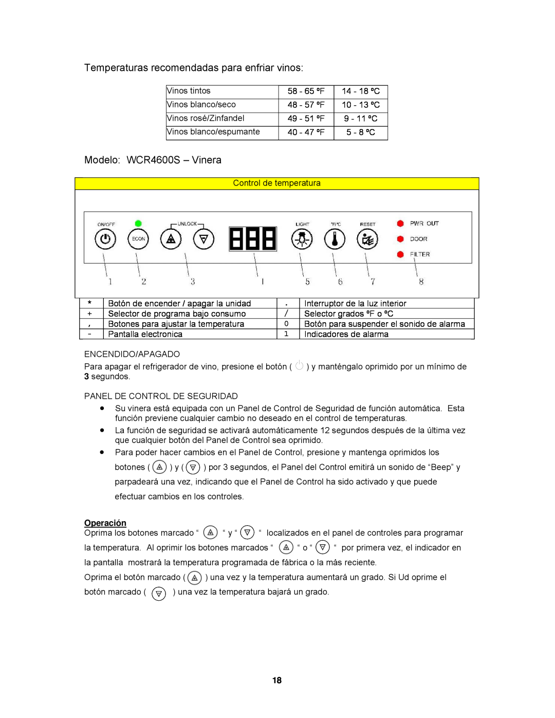 Avanti instruction manual Temperaturas recomendadas para enfriar vinos, Modelo WCR4600S - Vinera, Operación 