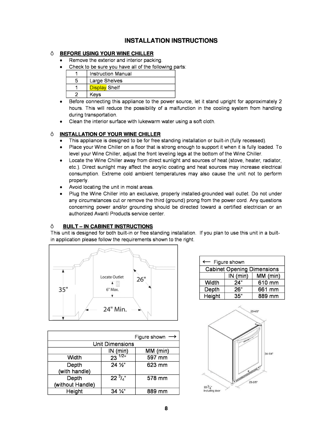 Avanti WCR4600S instruction manual Installation Instructions 