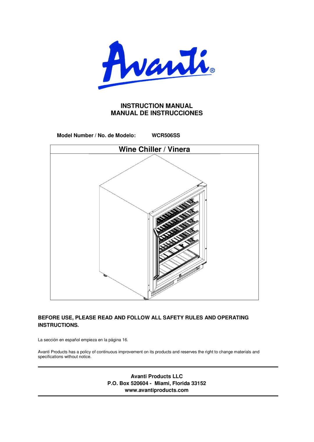 Avanti WCR506SS instruction manual Manual DE Instrucciones, Model Number / No. de Modelo 