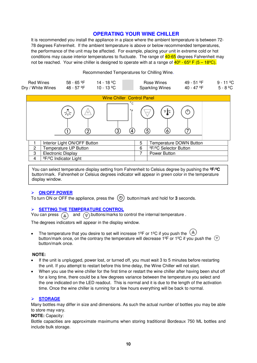 Avanti WCR506SS instruction manual  ON/OFF Power,  Setting the Temperature Control,  Storage 