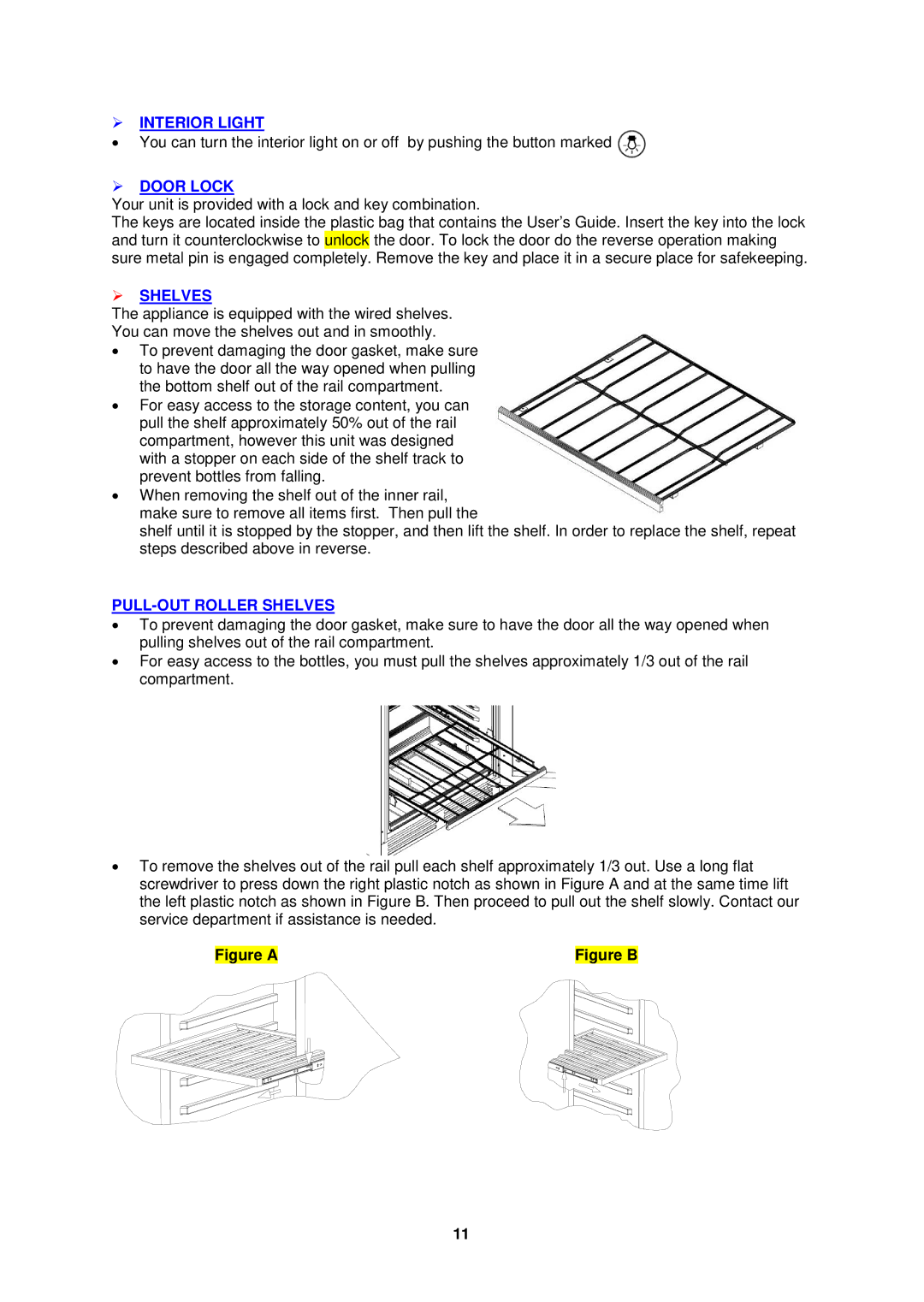 Avanti WCR506SS instruction manual  Interior Light,  Door Lock,  Shelves, PULL-OUT Roller Shelves 