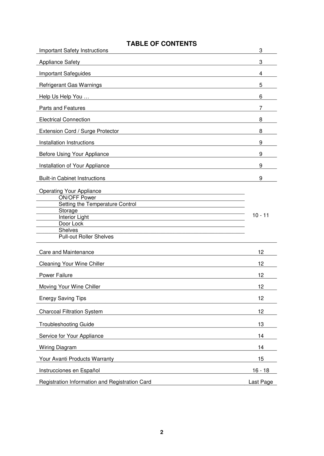 Avanti WCR506SS instruction manual Table of Contents 