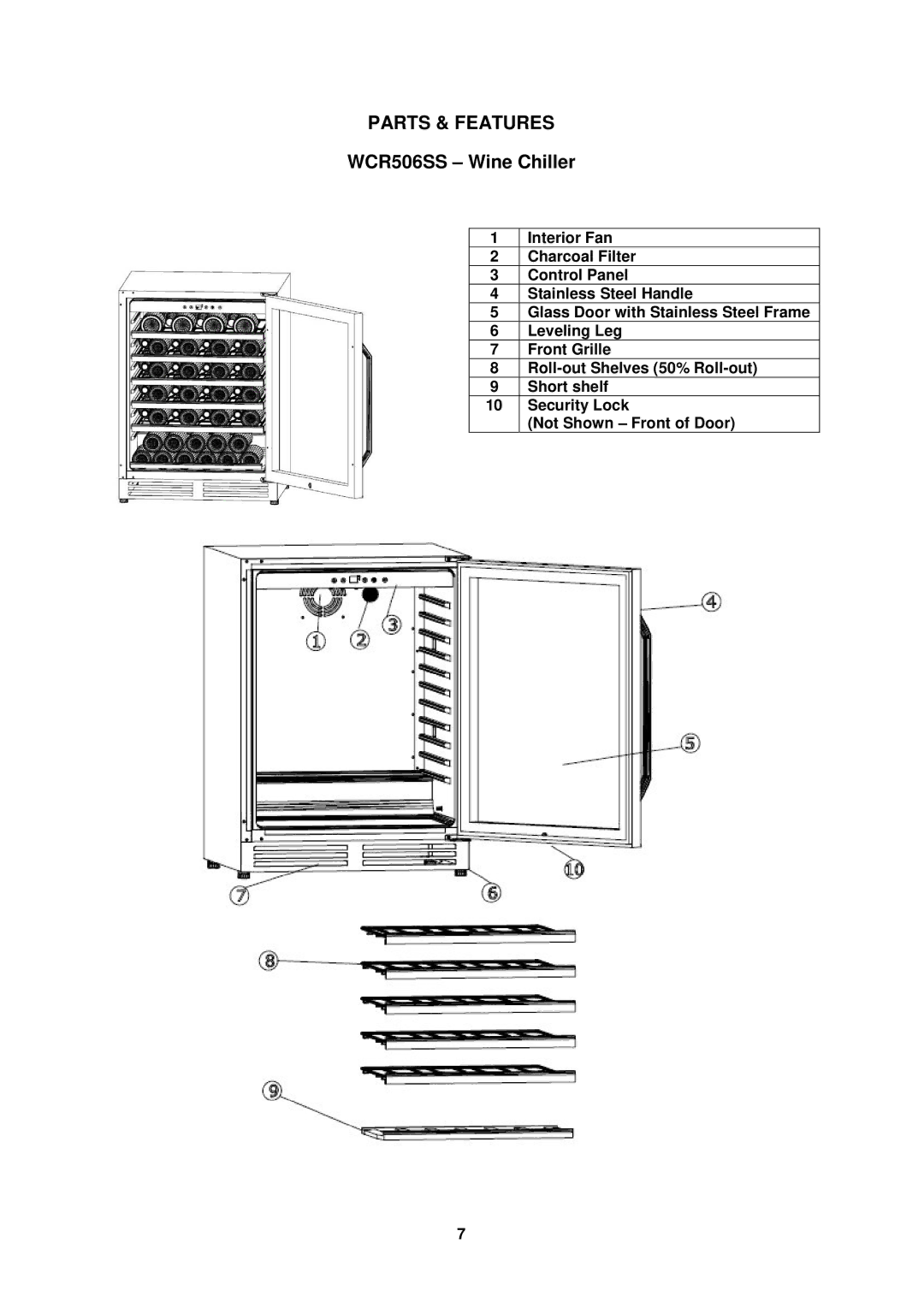 Avanti WCR506SS instruction manual Parts & Features 