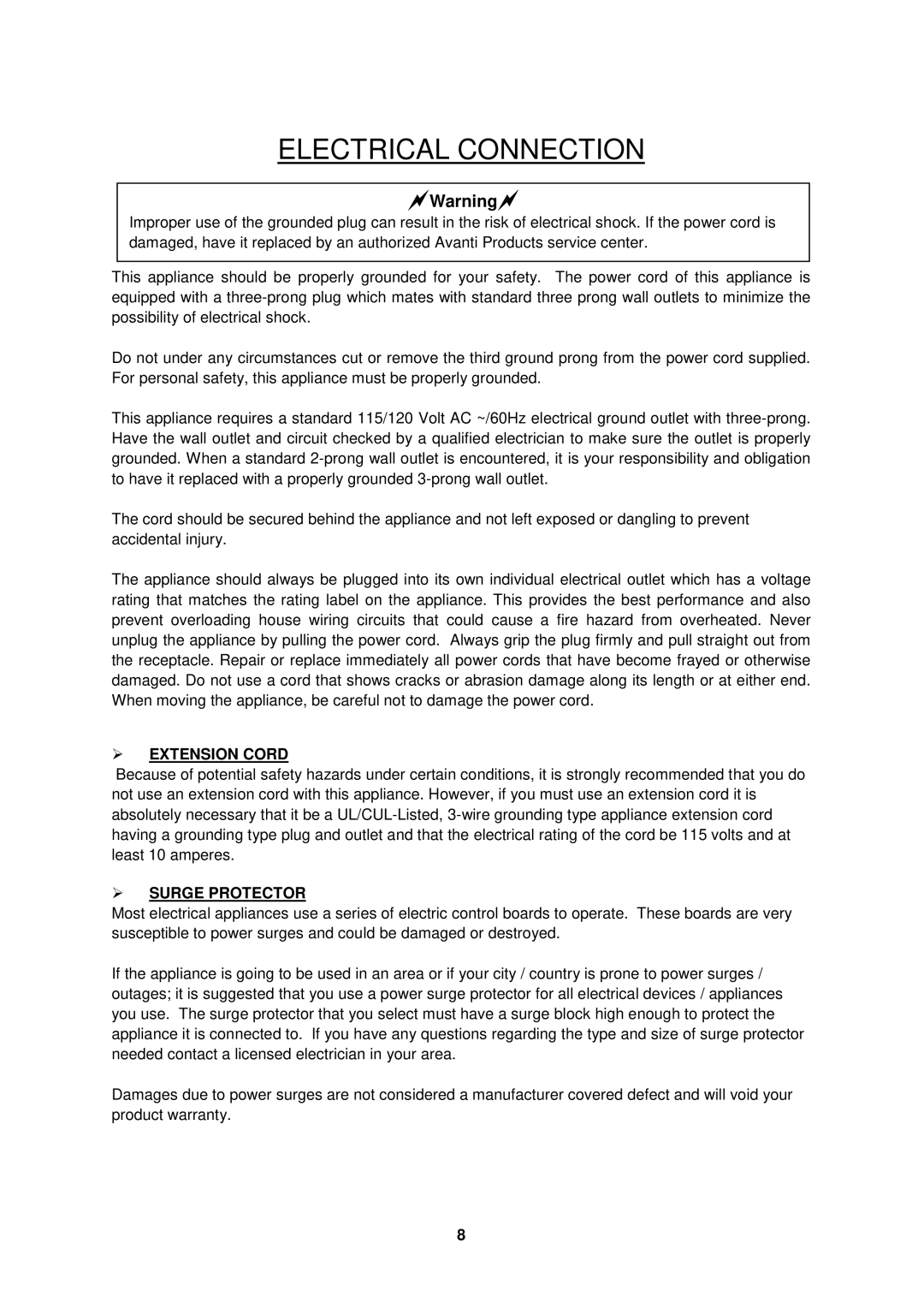 Avanti WCR506SS instruction manual  Extension Cord,  Surge Protector 