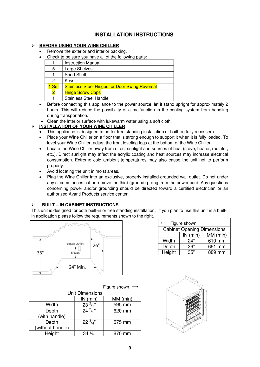 Avanti WCR506SS Installation Instructions,  Before Using Your Wine Chiller,  Installation of Your Wine Chiller 