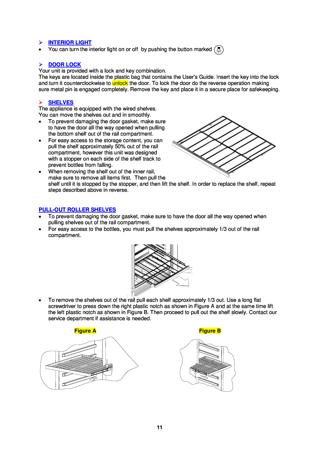 Avanti WCR506SS instruction manual  Interior Light,  Door Lock,  Shelves, Pull-Out Roller Shelves, Figure B 