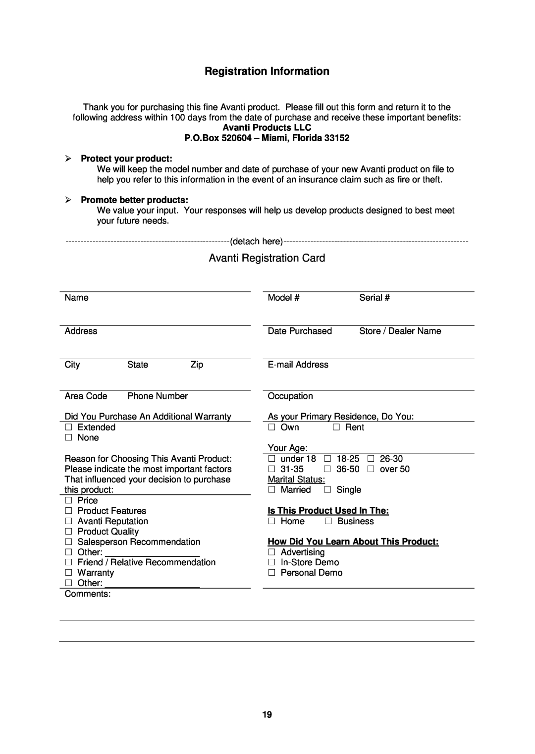 Avanti WCR506SS Registration Information, Avanti Registration Card, Avanti Products LLC P.O.Box 520604 - Miami, Florida 