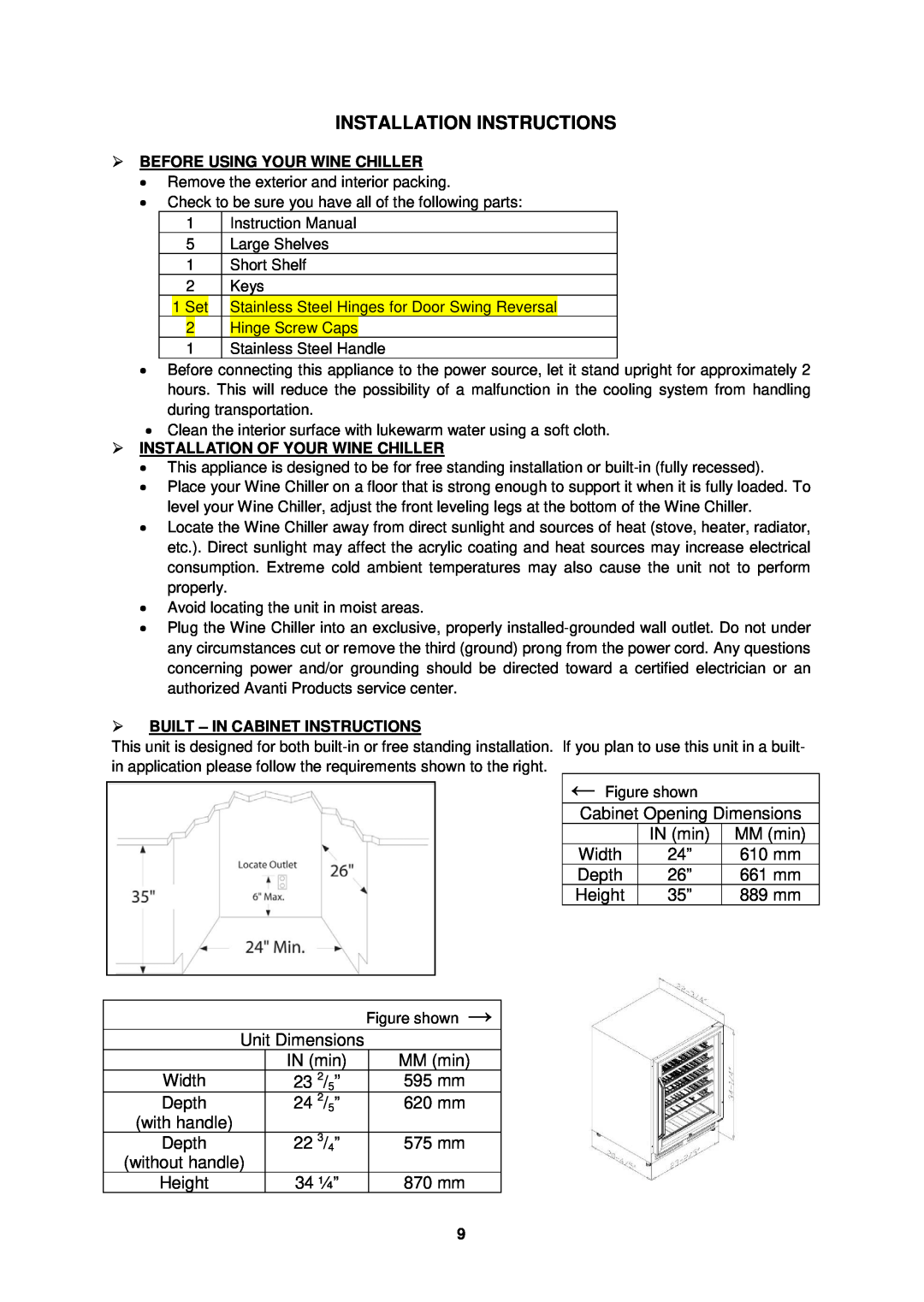 Avanti WCR506SS instruction manual Installation Instructions, Width, 34 ¼” 