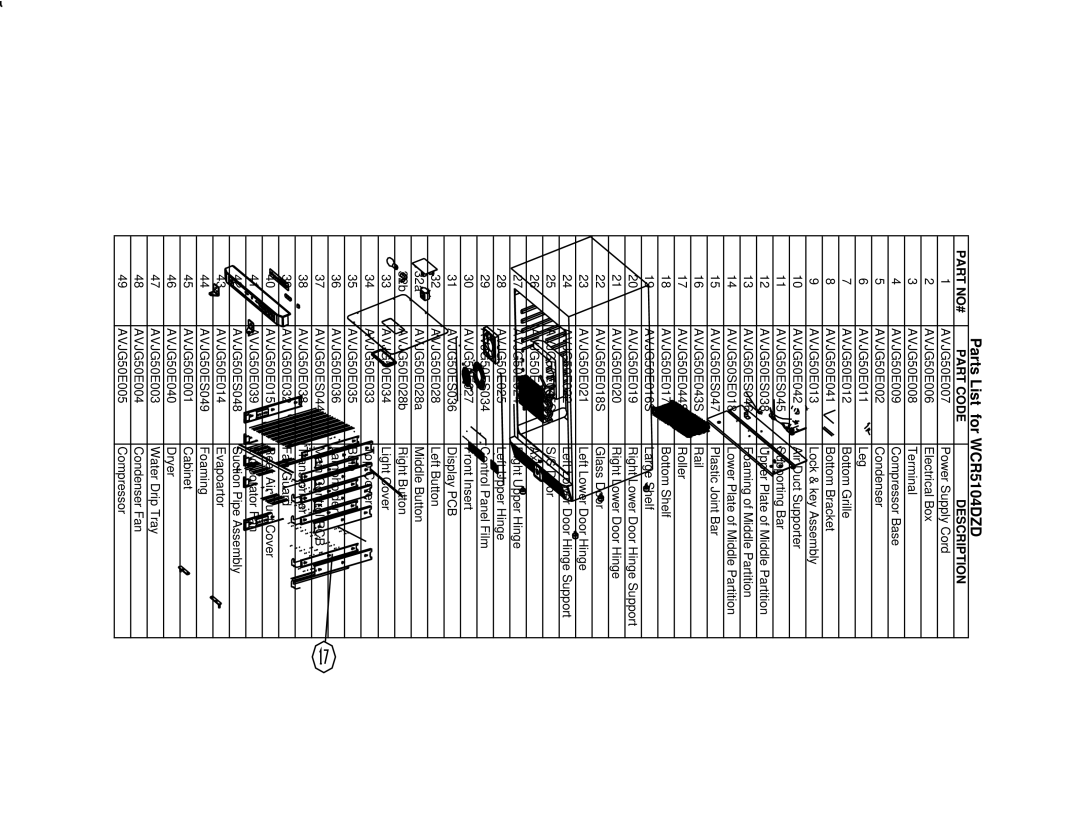 Avanti manual Parts List for WCR5104DZD, Part NO# Part Code Description 