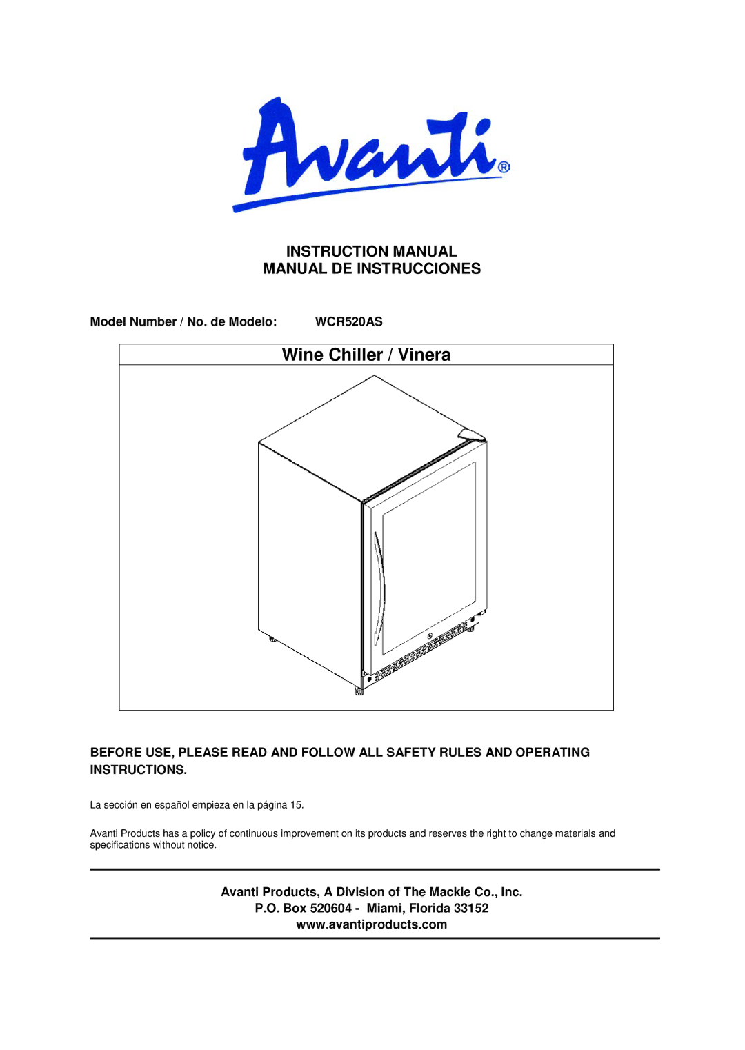 Avanti WCR520AS manual Manual DE Instrucciones, Model Number / No. de Modelo 