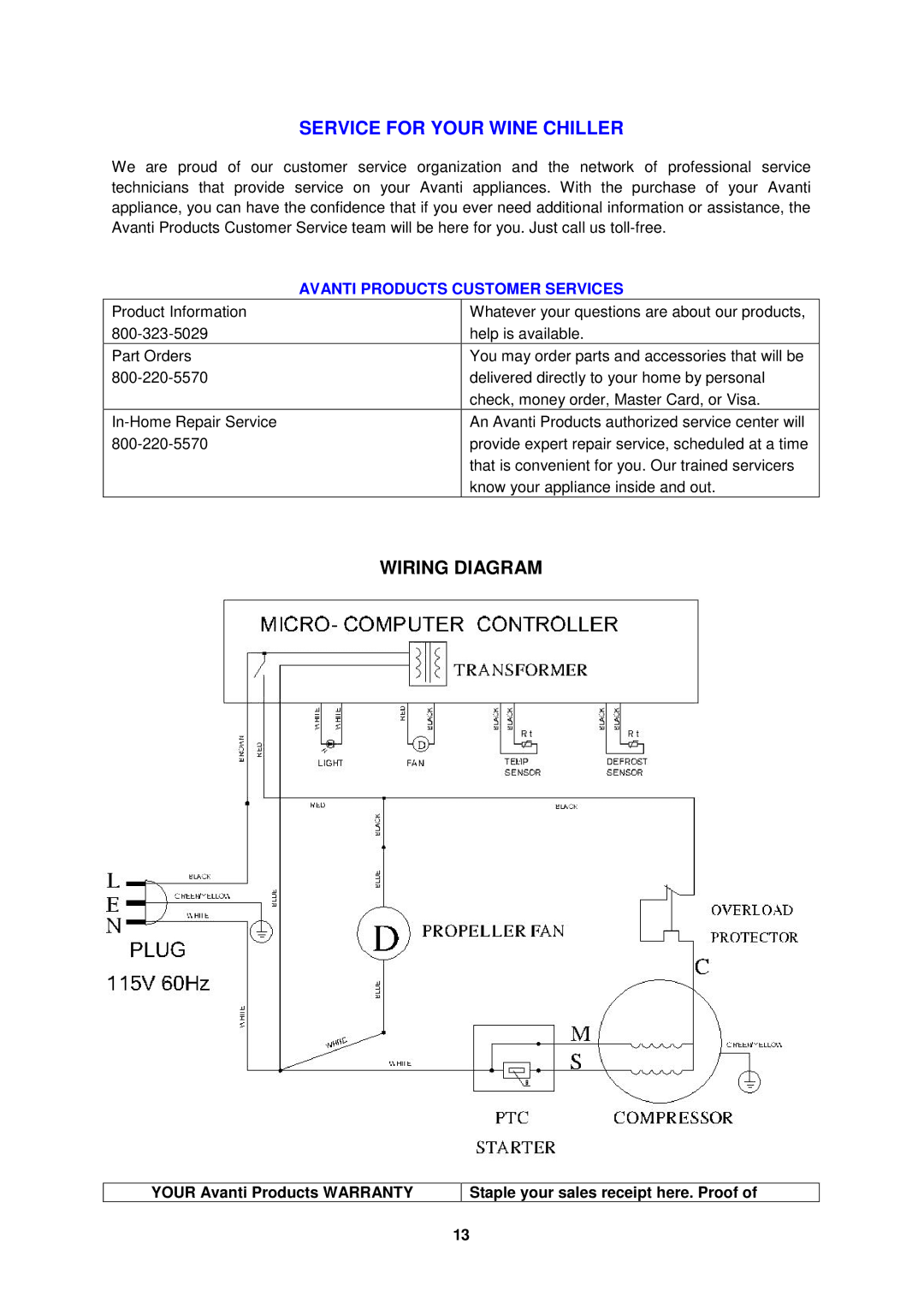 Avanti WCR520AS manual Wiring Diagram, Avanti Products Customer Services 