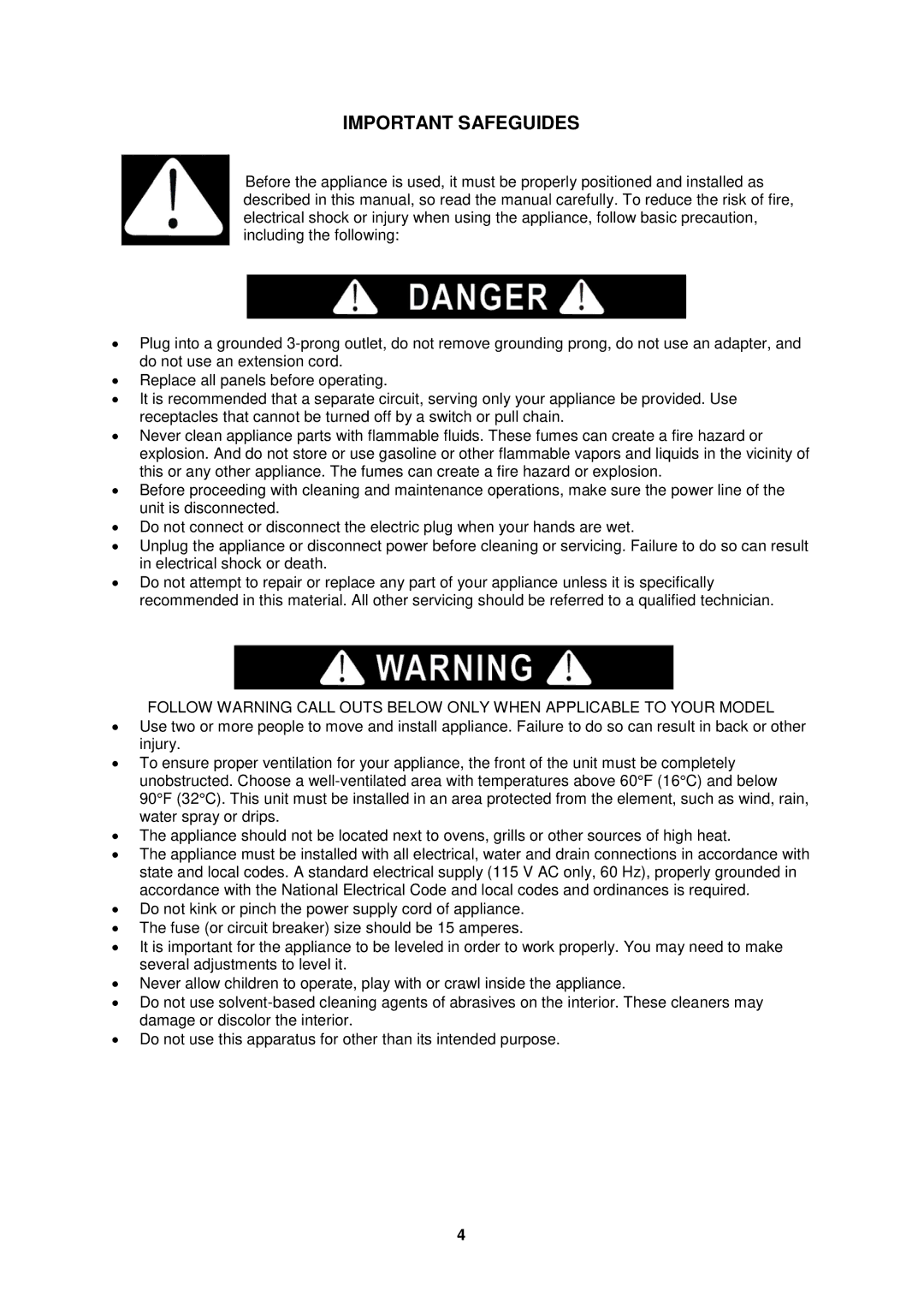 Avanti WCR520AS manual Important Safeguides 