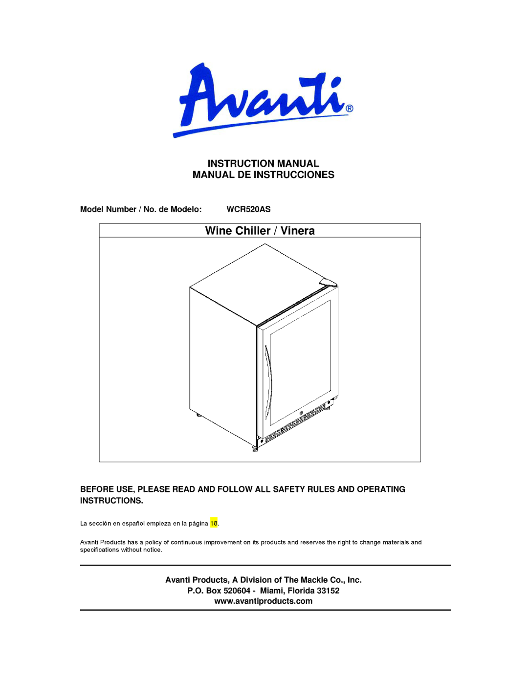 Avanti WCR520AS instruction manual Manual DE Instrucciones, Model Number / No. de Modelo 