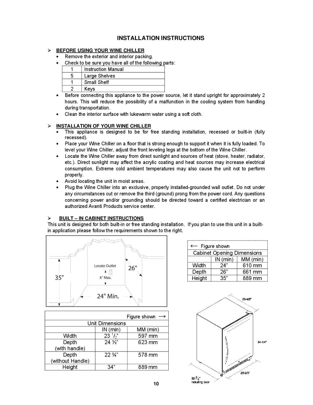 Avanti WCR520AS Installation Instructions,  Before Using Your Wine Chiller,  Installation of Your Wine Chiller 