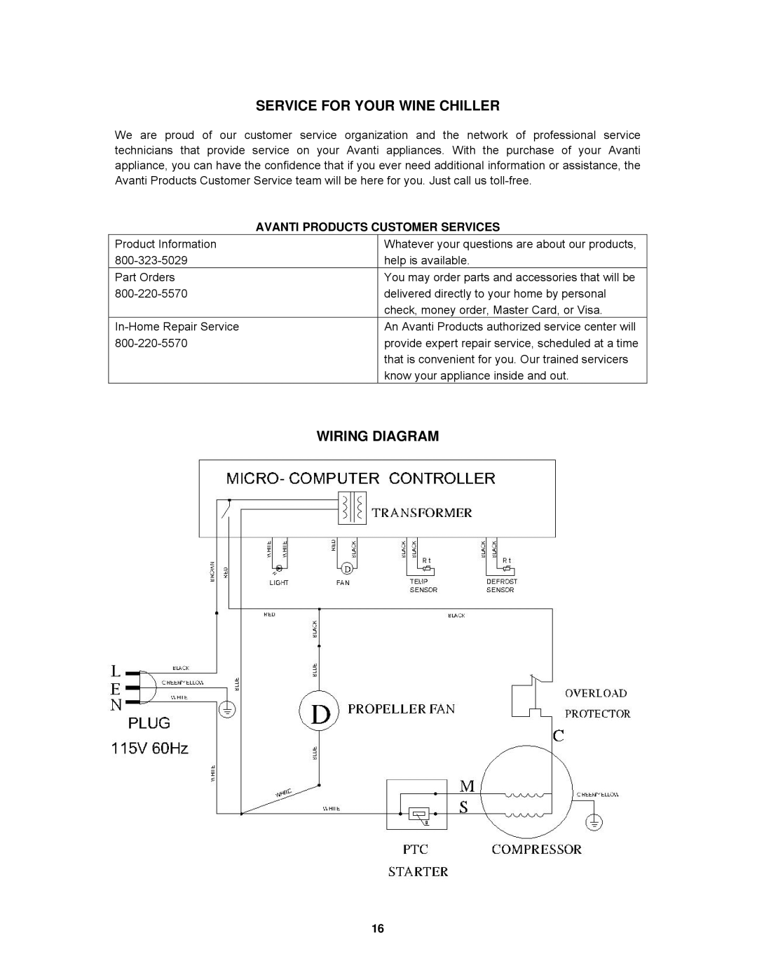 Avanti WCR520AS instruction manual Service for Your Wine Chiller, Wiring Diagram, Avanti Products Customer Services 