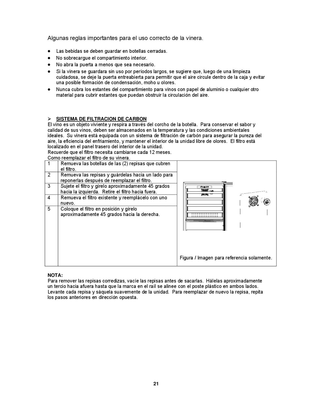 Avanti WCR520AS instruction manual  Sistema DE Filtracion DE Carbon, Figura / Imagen para referencia solamente 